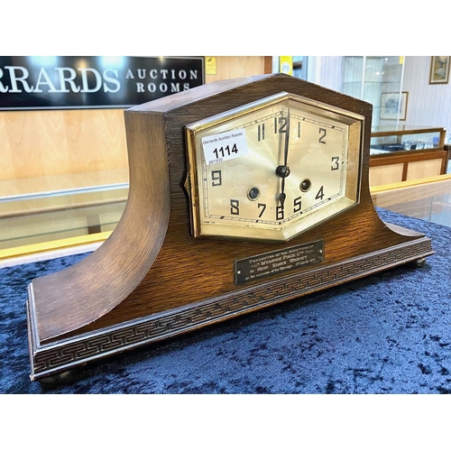 1114 - Art Deco Mantle Clock, silvered face, plaque to front dated 5th March 1931, presented to Miss Elsie ... 