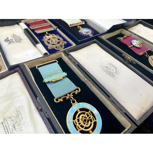 1353 - Collection of Six Boxed Masonic Medals, comprising Lodge of Fidelity 1869, Jubilee Lodge of Fidelity... 