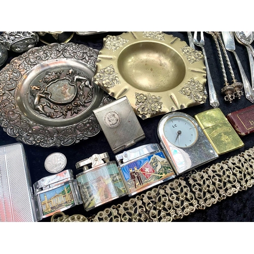 1384 - Box of Assorted Vintage Plated Ware,  including decorative spoons and servers, three cigarette cases... 