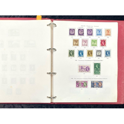 1395 - Stamp interest: Red Stanley Gibbons loose leaf illustrated GB stamp album - Partially filled with se... 