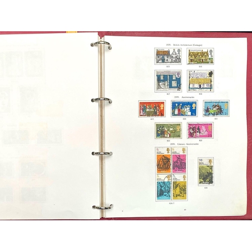 1395 - Stamp interest: Red Stanley Gibbons loose leaf illustrated GB stamp album - Partially filled with se... 