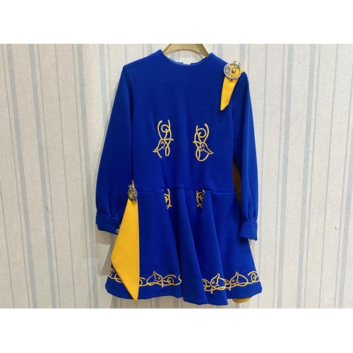 1526 - Girl's Irish Dance Costume, blue with gold trim and lining, with cloak and stone set brooch to shoul... 