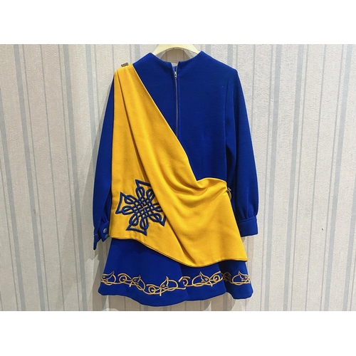 1526 - Girl's Irish Dance Costume, blue with gold trim and lining, with cloak and stone set brooch to shoul... 