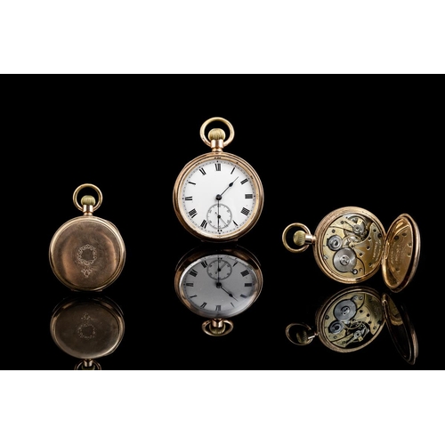 165 - Swiss Made - Key-less Gold Filled Open Faced 15 Jewels Pocket Watch, Guaranteed to be of Two Plates ... 