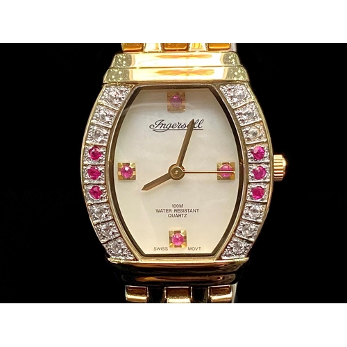 184 - Ingersoll Ladies Gold on Steel Set with Rubies & Diamonds, Quartz Wrist Watch, features a white pear... 