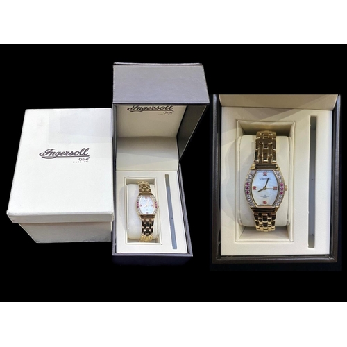 184 - Ingersoll Ladies Gold on Steel Set with Rubies & Diamonds, Quartz Wrist Watch, features a white pear... 