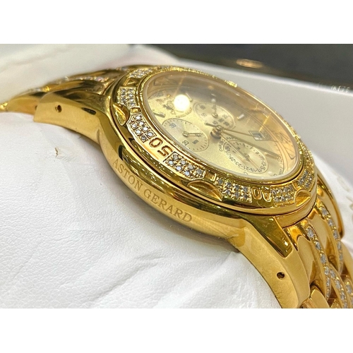 345 - Aston Gerard Gold Plated Watch set with 99 diamonds, boxed With Papers. Ladies Luxury Aston Gerard g... 