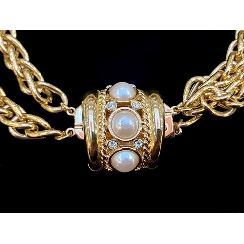 369 - Gold Plated Givenchy Twin Chain Statement Necklace, with central pearl and diamonte pendant.