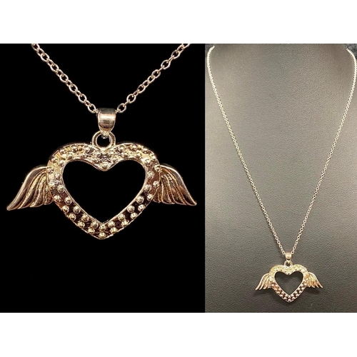 392 - Four Silver Pendants, comprising a heart with wings suspended on a chain, a clover shaped pendant se... 