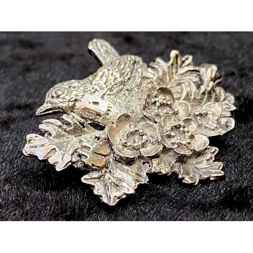 408 - Silver on Pewter Designer Brooch, MASJ (Mary Ann Story Jones), bird on nest of flowers and leaves, r... 