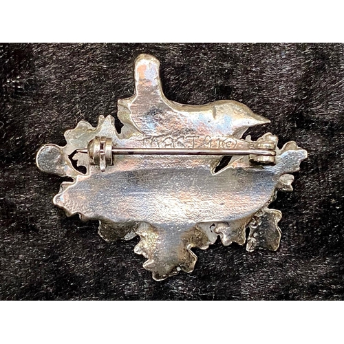 408 - Silver on Pewter Designer Brooch, MASJ (Mary Ann Story Jones), bird on nest of flowers and leaves, r... 