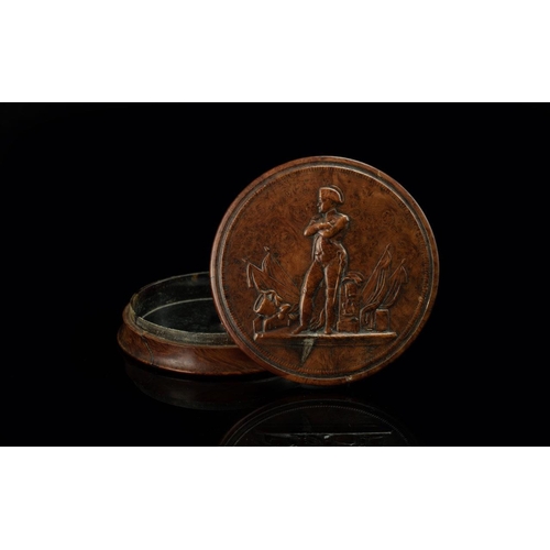 409 - Antique Period Superb Circular Lidded Pressed Wood Table Snuff Box, with embossed image of  Napoleon... 