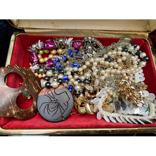 421 - Box of Costume Jewellery, comprising pearls, shells, chains, brooches, bangles, stone set bracelets,... 