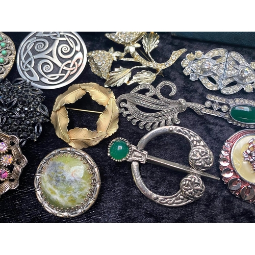 422 - Box of Assorted Jewellery & Collectibles, comprising stone set brooches, cameo earrings, Scottish pe... 