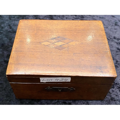 424 - Wooden Box of Collectibles, including a silver locket on a chain, antique base medal, yellow medal, ... 