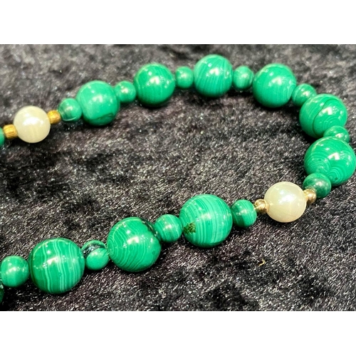 436 - Malachite and Fresh Water Pearl Necklace with 9ct gold clasp; 22 inches (55cms) long; clasp marked 3... 