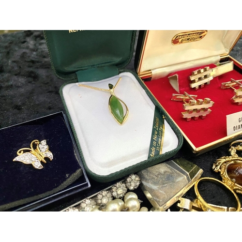 443 - Box of Good Quality Costume Jewellery, comprising Jade pendant, brooches, boxed David Jones cufflink... 