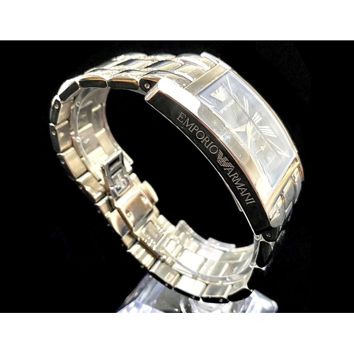 464 - Emporio Armani Chrome Bracelet Watch, black face, Roman numerals.  In original box with booklet.