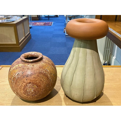 621 - Two Decorative Vases, one 18'' Tall with ecru ribbed effect base and rust coloured rolled top, toget... 