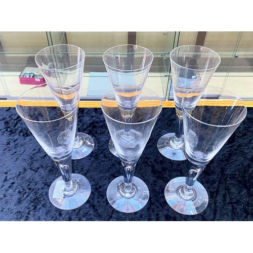 708 - Contemporary Set of Six Hand Blown Wine Glasses, a lovely design with a bubble in each stem, the gla... 