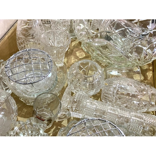 756 - Two Boxes of Vintage Glass, including 11'' and 10'' gilt decorated vases, 15'' tall vase, cut glass ... 