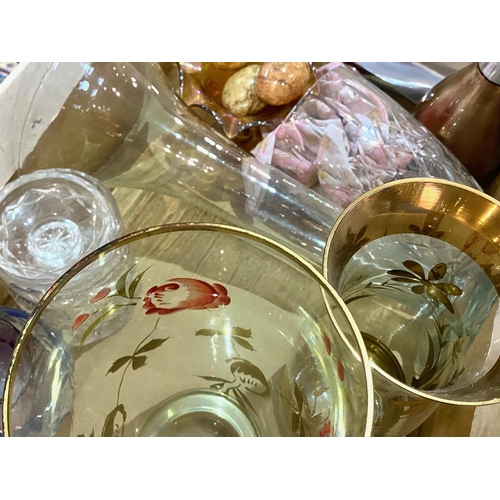 756 - Two Boxes of Vintage Glass, including 11'' and 10'' gilt decorated vases, 15'' tall vase, cut glass ... 