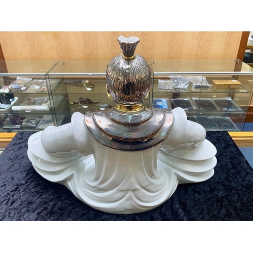 807 - Oriental Porcelain Buddha, in white gloss with gilt finish.  Decorative item, 18'' tall x 22'' wide.