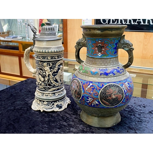 850 - Chinese Archaic Style Vase, with cloisonne decoration, together with a German pottery stein with pew... 