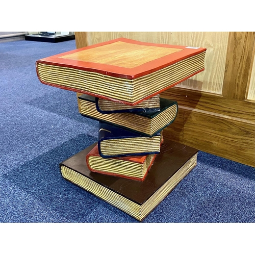 1066 - Wooden Side Table in the Form of a Pile of Books, with red and blue covers and gilt pages.  Measures... 