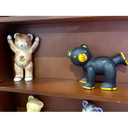 1412 - Collection of Small Ceramic & Metal Teddy Bears, complete with a wooden display rack.