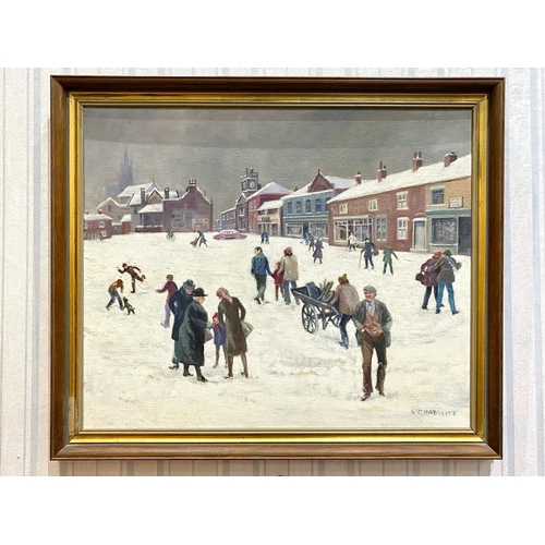 955 - V. Chadwick Large Oil on Board, Signed lower Right. Northern Town Centre Snow Scene. Depicting Figur... 