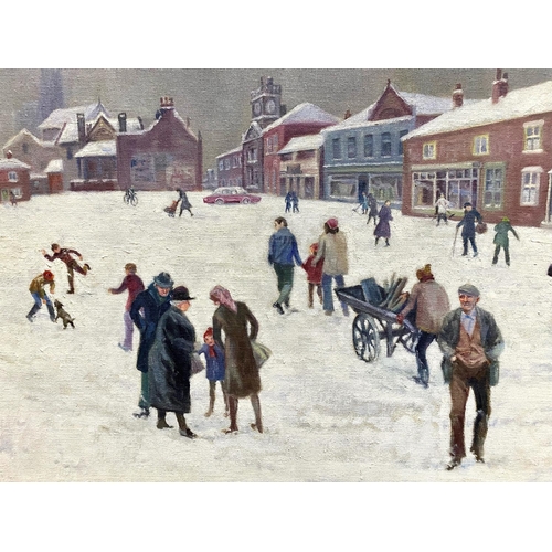 955 - V. Chadwick Large Oil on Board, Signed lower Right. Northern Town Centre Snow Scene. Depicting Figur... 