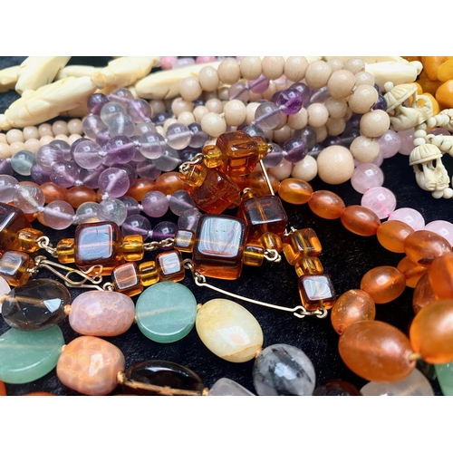 235 - Collection Of Beads To Include Amber, Malachite, Camel Bone, Rose Quartz etc