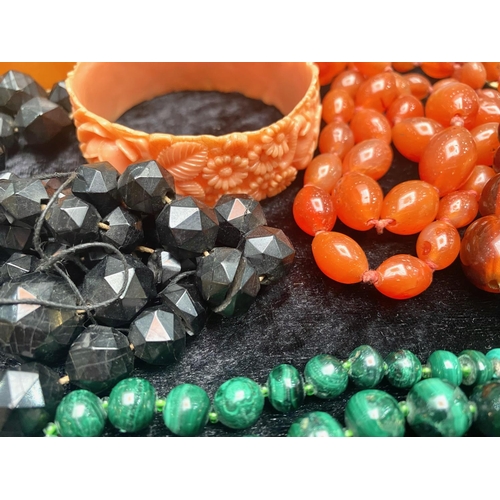 235 - Collection Of Beads To Include Amber, Malachite, Camel Bone, Rose Quartz etc