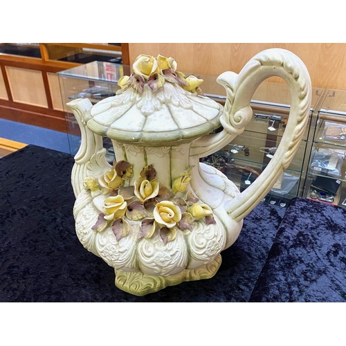 716 - Large Capodimonte Teapot,  decorated with yellow roses, measures 14'' tall x 16'' wide approx.  Mark... 