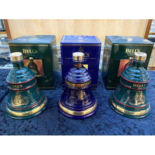 1472 - Three Bells Scotch Whisky Decanters with Contents, celebrating Christmas 1992 and Christmas 1993, an... 