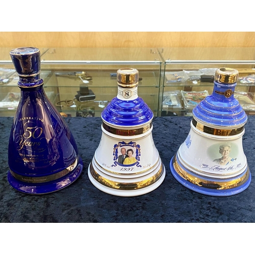 1481 - Three Bells Whisky Decanters with Contents, commemorating the Golden Wedding of Queen Elizabeth & th... 