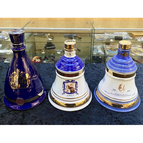 1481 - Three Bells Whisky Decanters with Contents, commemorating the Golden Wedding of Queen Elizabeth & th... 