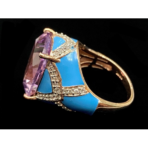 255 - Amethyst and Bright Blue Enamel Statement Ring, a 12.5ct, cushion cut amethyst surrounded by bright ... 