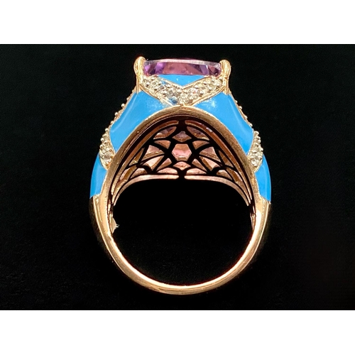 255 - Amethyst and Bright Blue Enamel Statement Ring, a 12.5ct, cushion cut amethyst surrounded by bright ... 