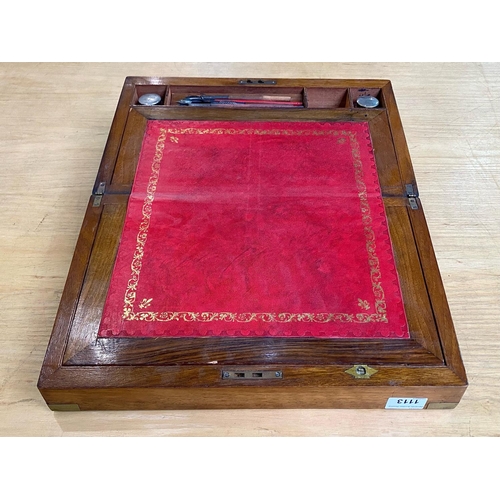 1113 - Victorian Mahogany Writing Slope, tooled leather interior with fitted compartments, two inkwells, pe... 