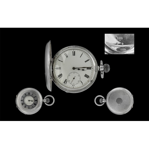 163 - Swiss Early 20th Century Demi-Hunter Silver Keyless Pocket Watch. Mark 93.5 Silver Purity. Case / Mo... 