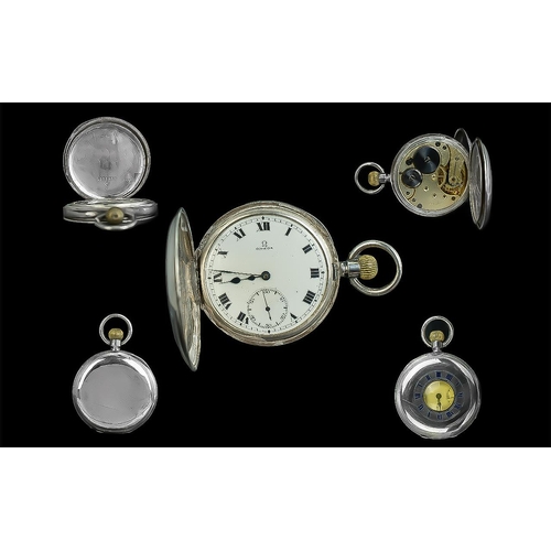 180 - Omega Sterling Silver Demi-Hunter Pocket Watch, hallmark London 1918.  Signed Omega to dial and move... 