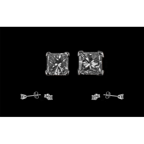 188 - Ladies Pair of 18ct White Gold & Diamond Square Solitaire Earrings By Goldsmiths Jewellers. Est Weig... 