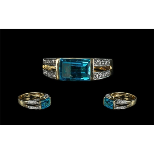 19A - Ladies Attractive 14ct Gold Diamond and Aquamarine Set Dress Ring. The Sea Blue Aquamarine of Excell... 