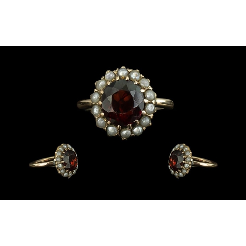 229 - Antique Period Attractive 9ct Gold Garnet and Seed Pearl Set Cluster Ring, c1880-1900, not marked bu... 