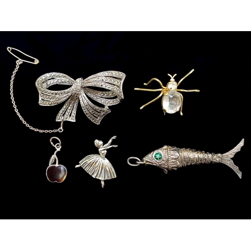 235 - Collection of  Antique Silver Items. Includes An Articulated Fish Charm / Pendant with Deep Green Ey... 