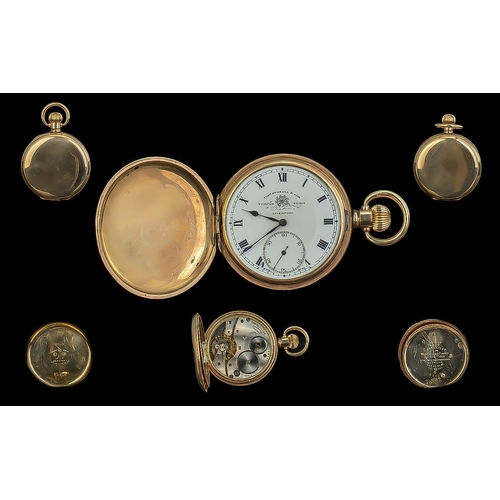 240 - Full Hunter Gold Plated Pocket Watch by Thomas Russell & Son of Liverpool, white face with Roman num... 