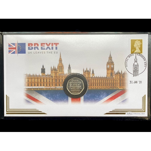 245 - Harrington & Byrne 2020 Brexit Silver Proof 50p Coin & Stamp Cover In Original Blue Folder. With Cer... 