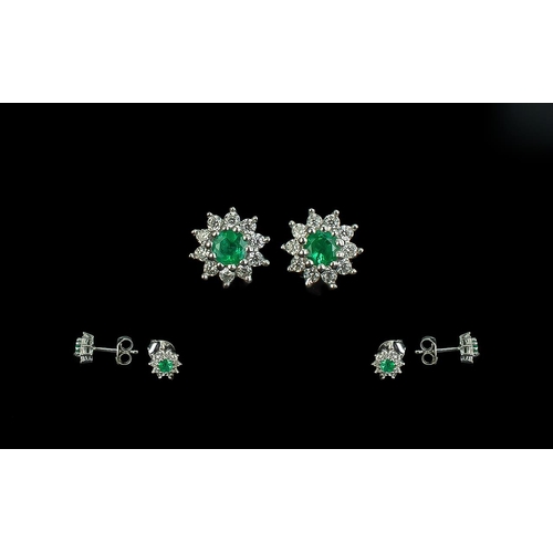 270 - Emerald Halo Stud Earrings, emerald solitaires of excellent colour, each framed with a halo of spark... 